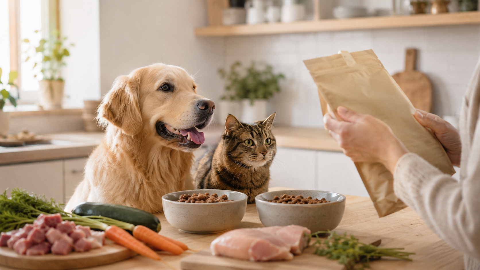 Hond en kat bij twee voerbakken met verse dierenvoeding op een keukenblad